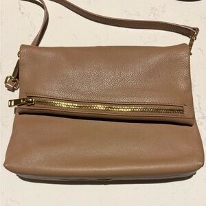 Quince Tan Leather Crossbody Bag with Gold Accents
